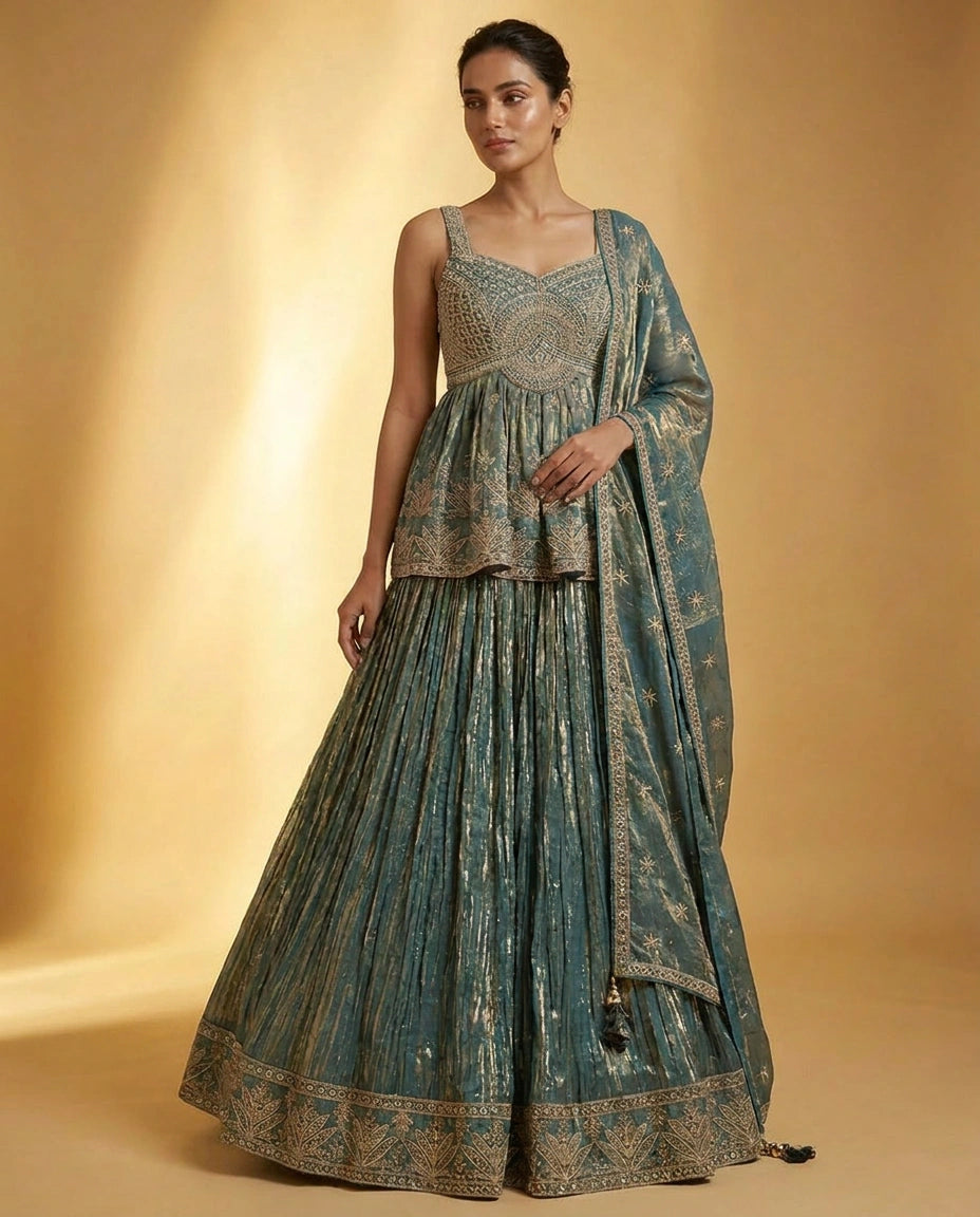 Tissue Lehenga with Cutdana and Stone Embellishment Online India - Rangoli India