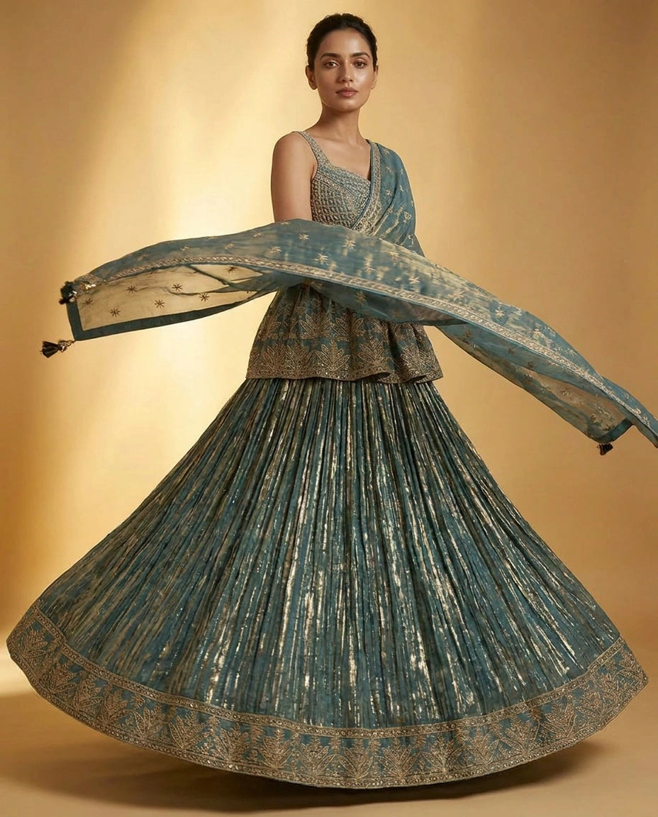 Tissue Lehenga with Cutdana and Stone Embellishment Online India - Rangoli India