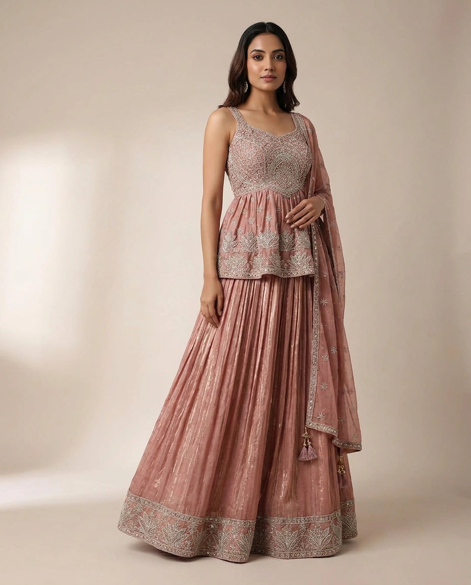 Tissue Lehenga with Cutdana and Stone Embellishment Online India - Rangoli India