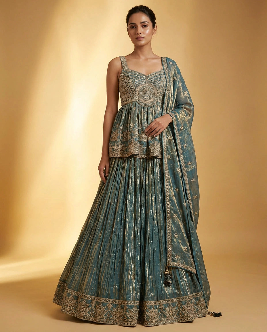 Tissue Lehenga with Cutdana and Stone Embellishment Online India - Rangoli India