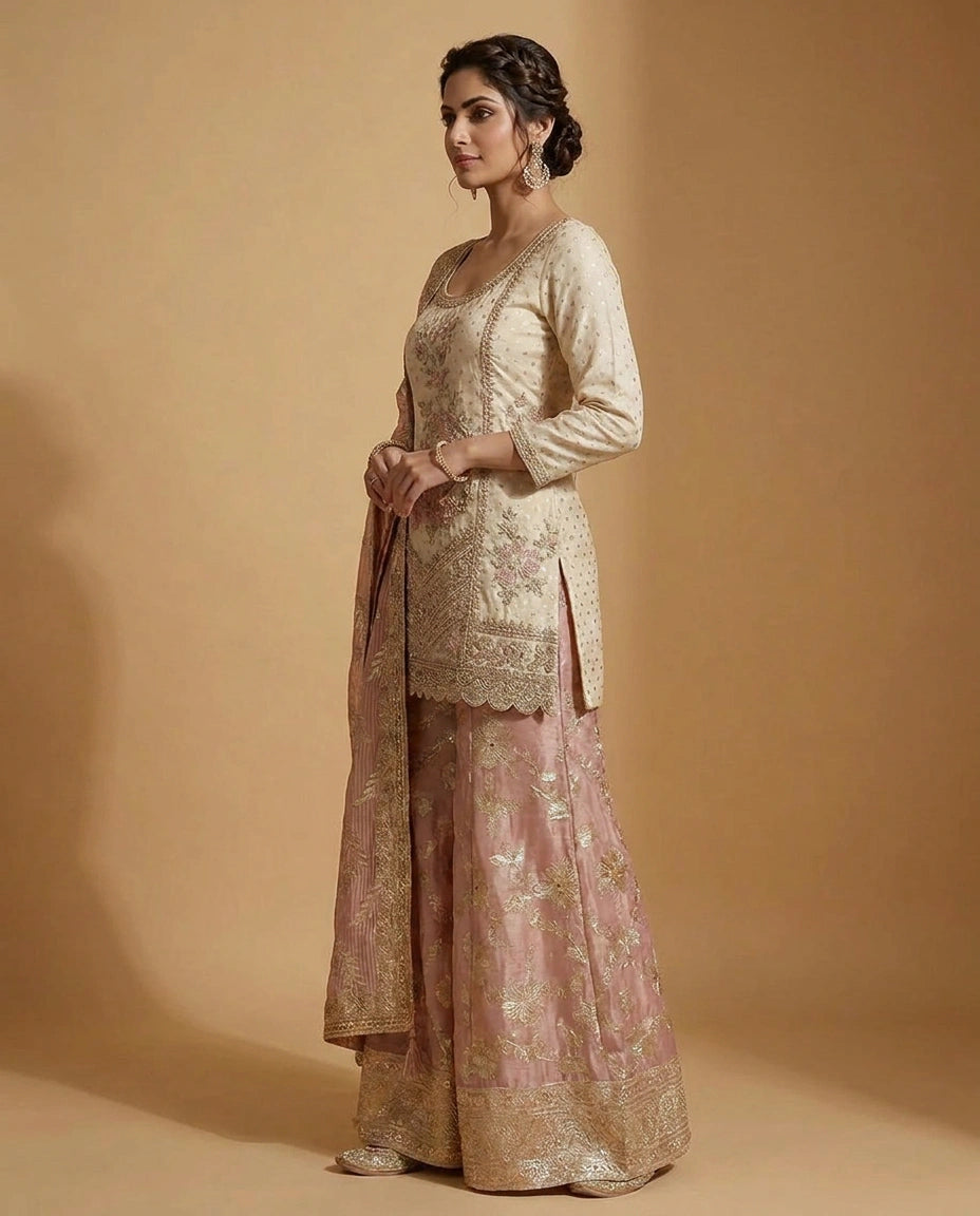 Tissue Sharara Suit with Hand Embroidered Neckline for Women - Rangoli India