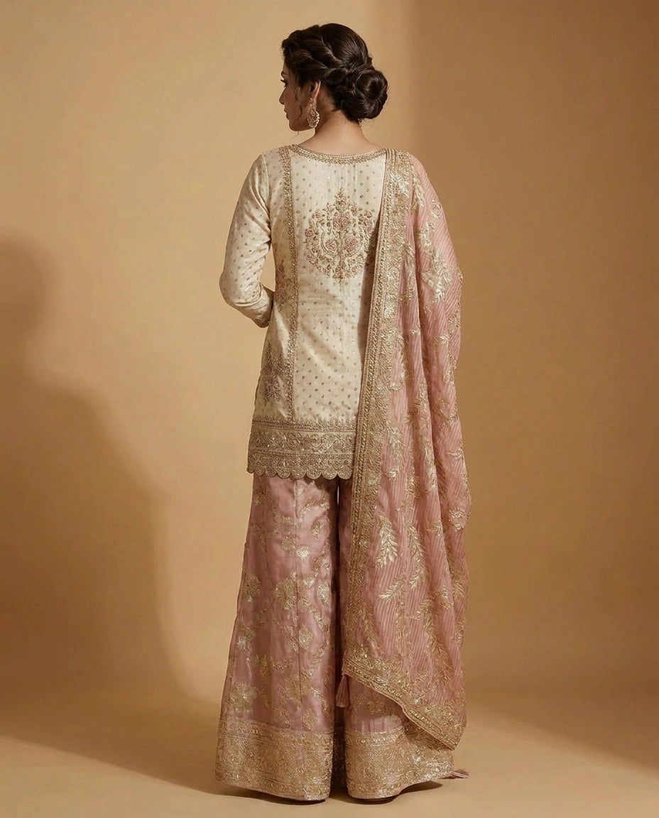 Tissue Sharara Suit with Hand Embroidered Neckline for Women - Rangoli India