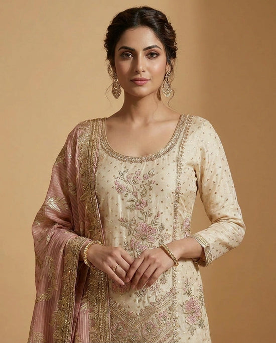 Off White Tissue Sharara Suit with Embroidered Neckline
