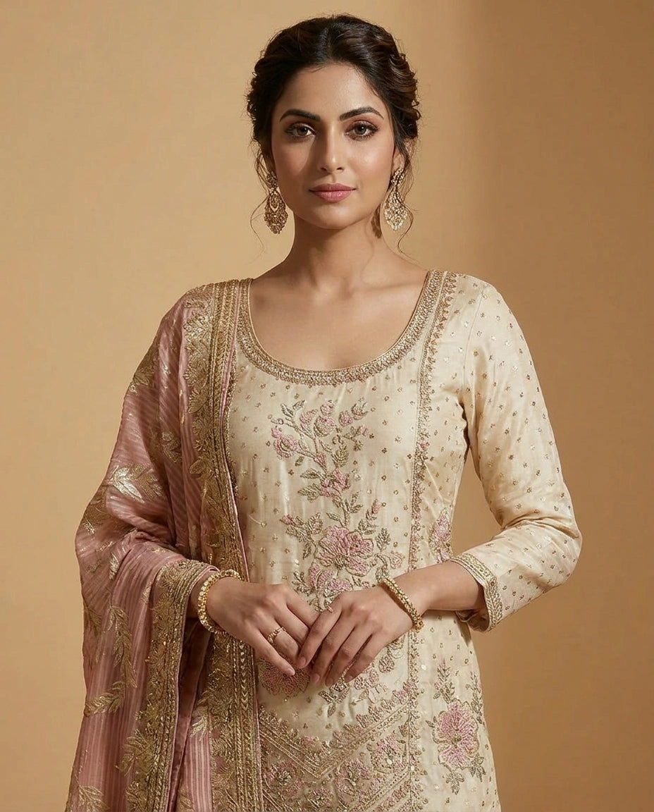 Tissue Sharara Suit with Hand Embroidered Neckline for Women - Rangoli India
