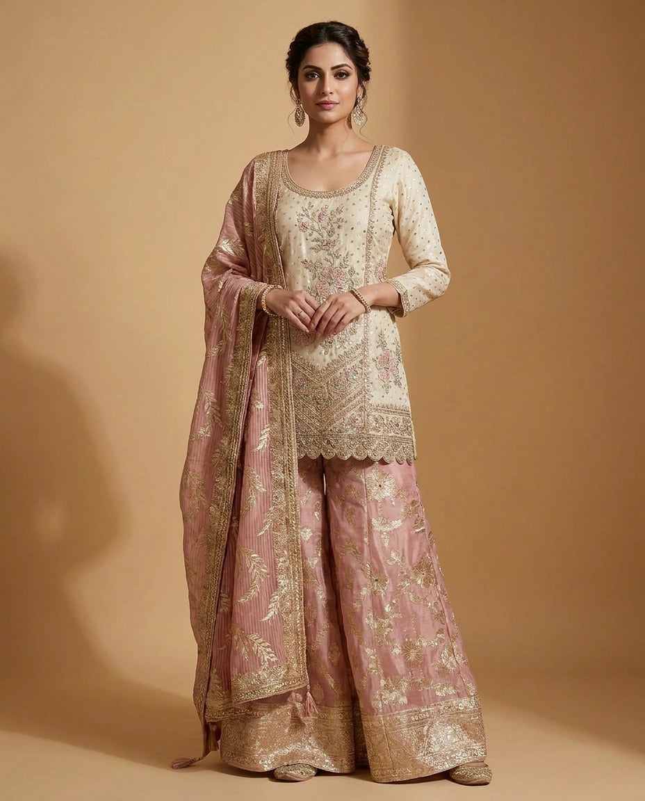 Tissue Sharara Suit with Hand Embroidered Neckline for Women - Rangoli India