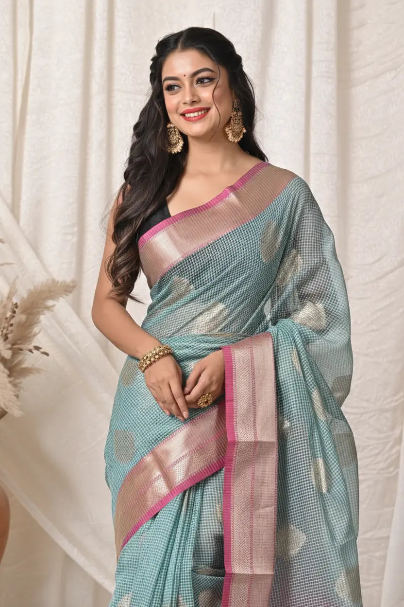 Firozi Blue Banarasi Cotton Linen Saree - Rangoli India