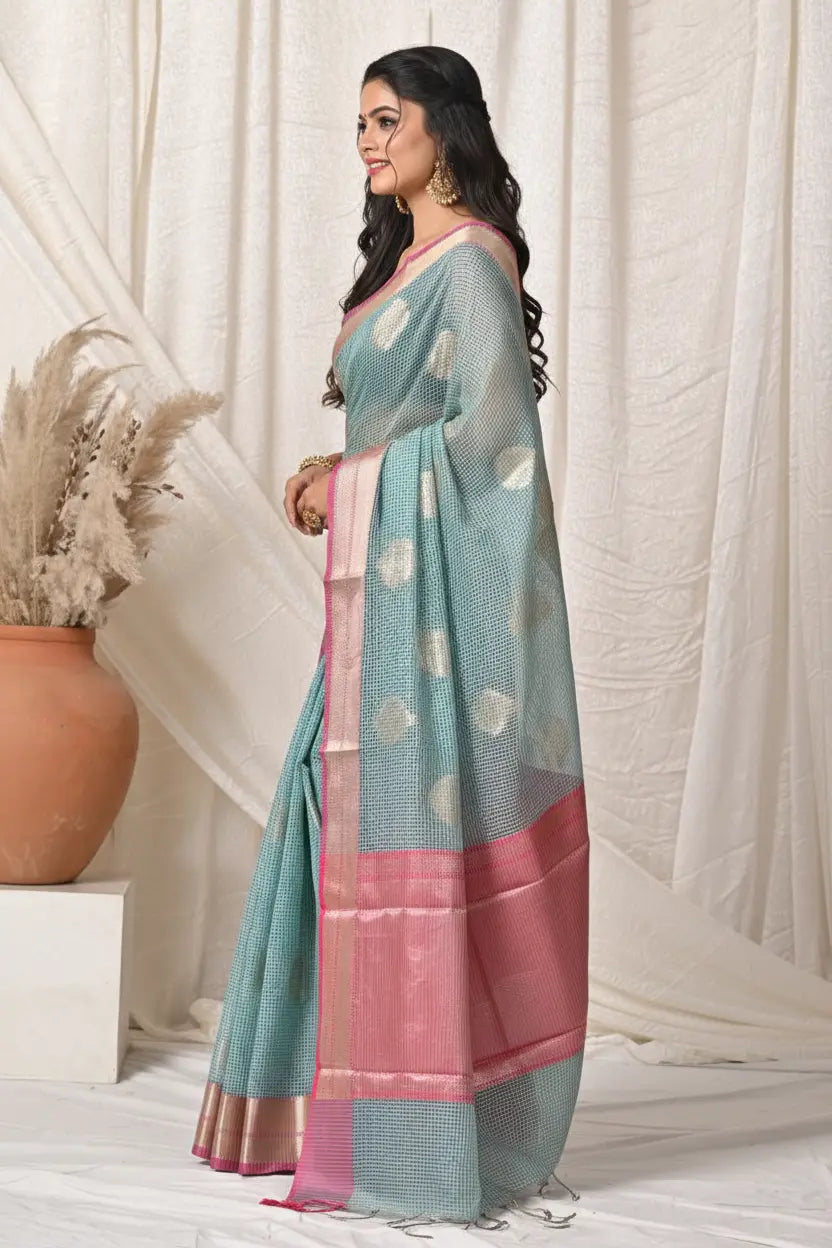 Firozi Blue Banarasi Cotton Linen Saree - Rangoli India