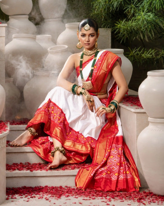 Off White Ikkat Durga Puja Saree with Red Border