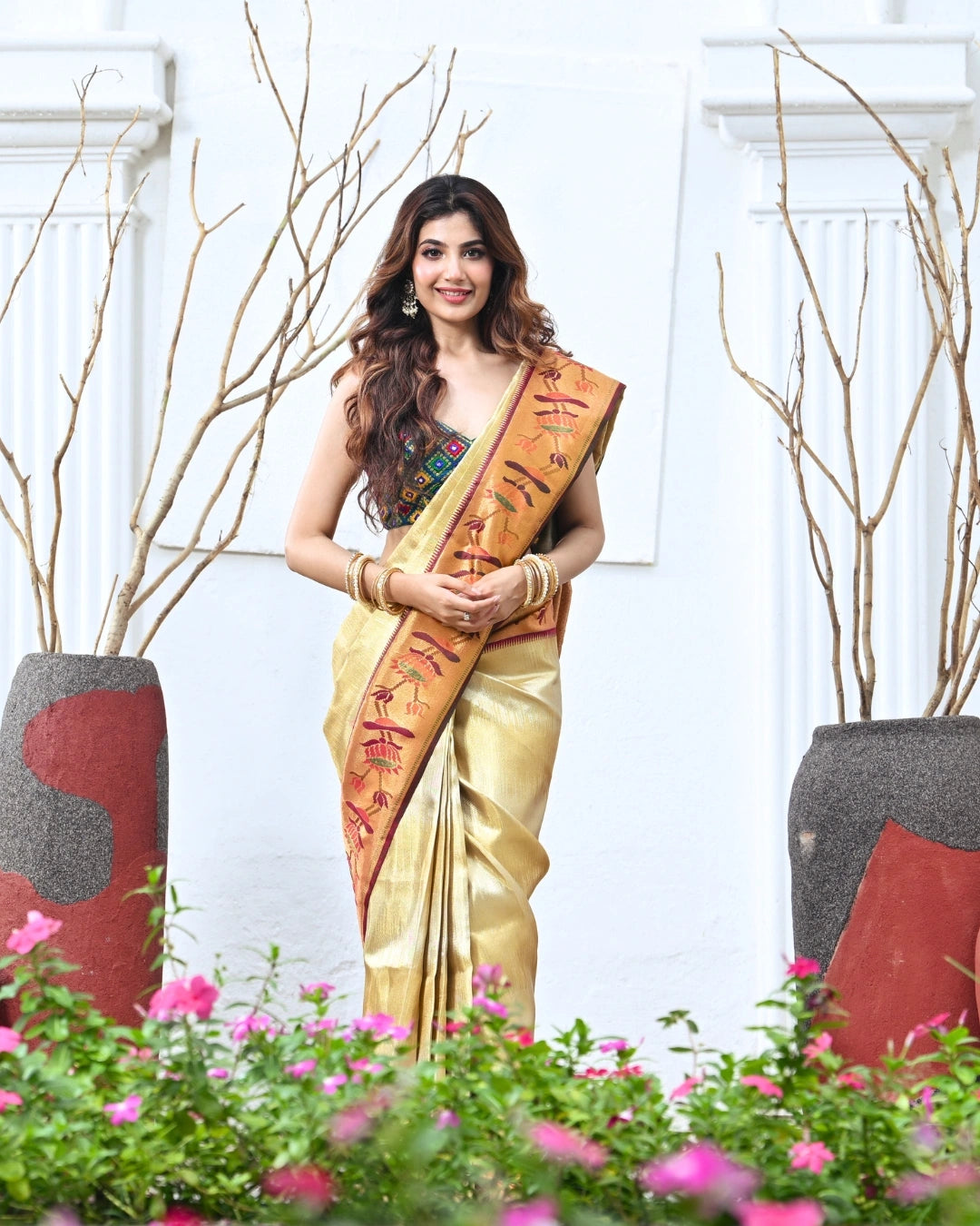 Gold Kanchipuram Durga Puja Saree with Woven Border
