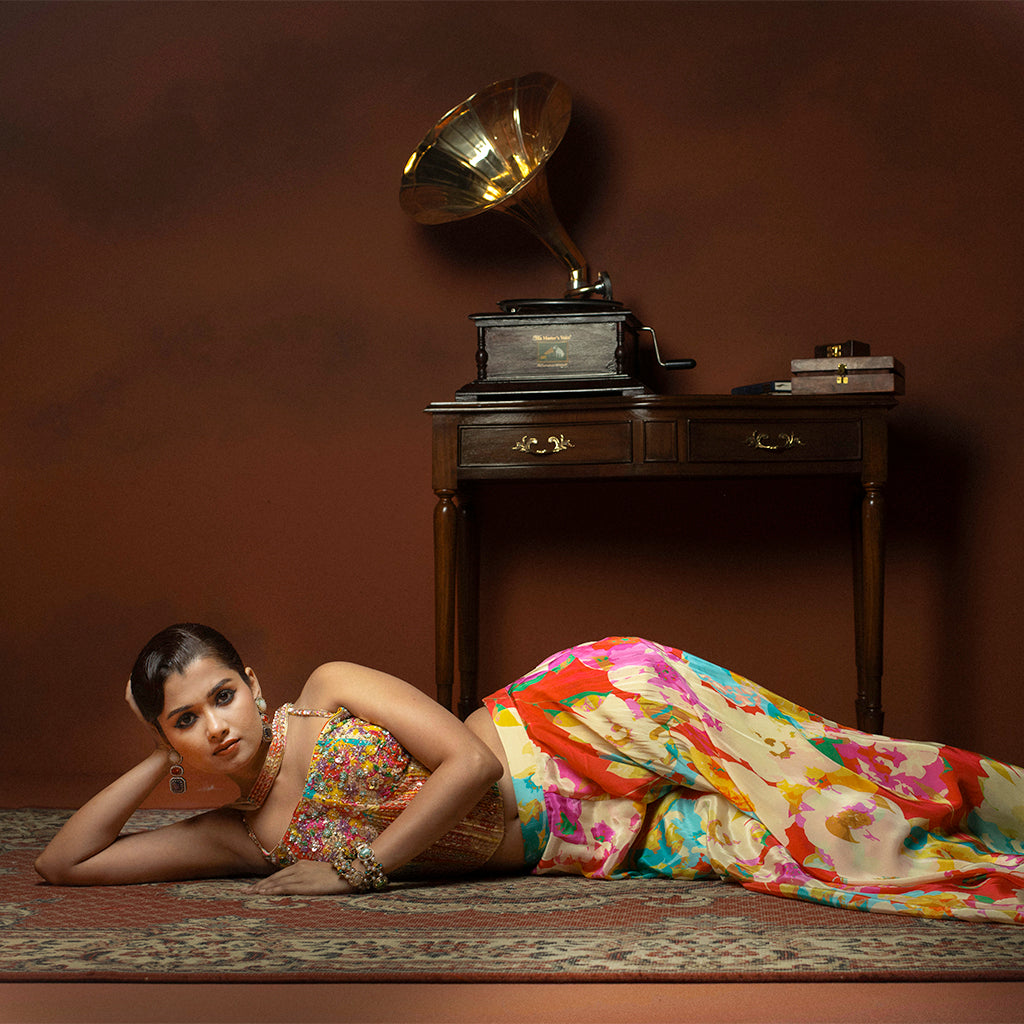 Helen Multi Color Floral Printed Palazzo with Corset Blouse - crepe Indian ethnic wear by Rangoli