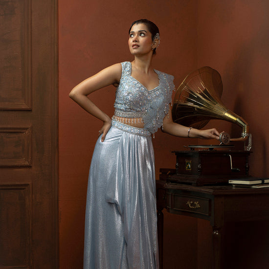 Sky Blue Indo Western Saree - lycra Indian ethnic wear by Rangoli