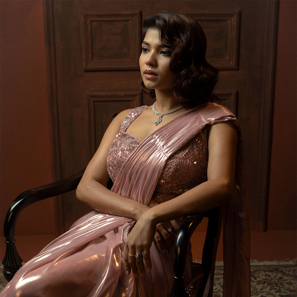 Helen Pink Saree With Designer Blouse - lycra Indian ethnic wear by Rangoli