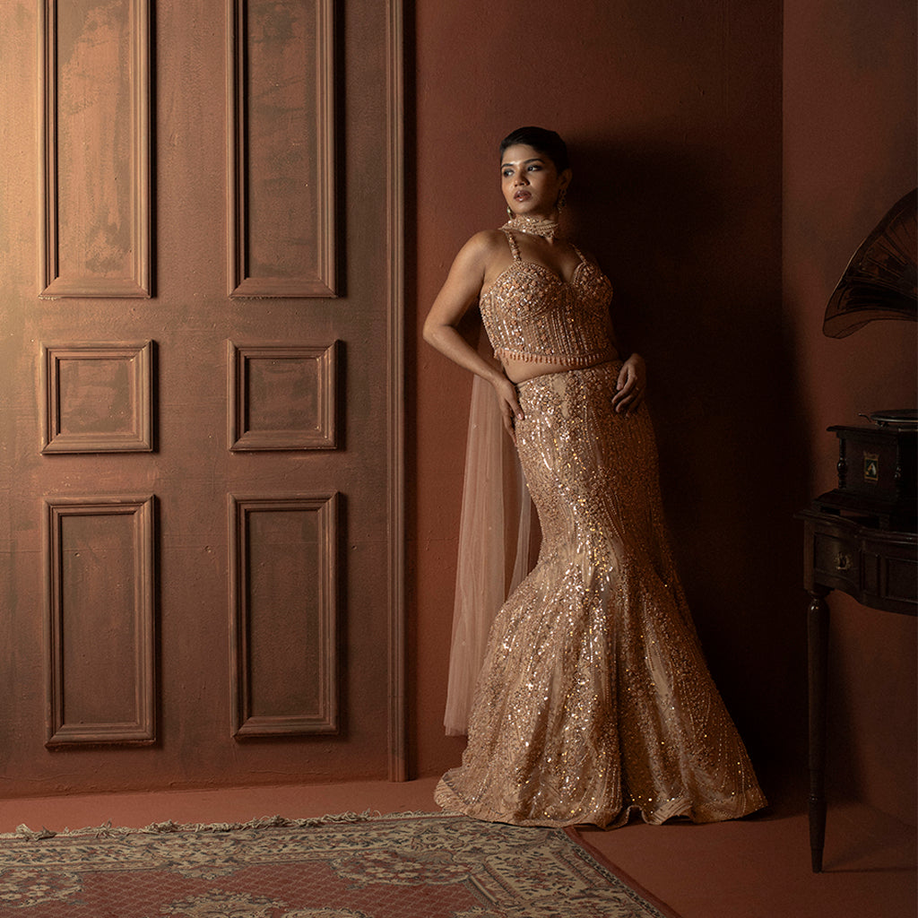 Rose Gold Embroidered Mermaid Lehenga with Corset Blouse - net Indian ethnic wear by Rangoli