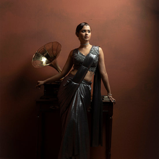 Metallic Pleated Pre-Draped Saree with Lace Sequin Blouse - silk Indian ethnic wear by Rangoli