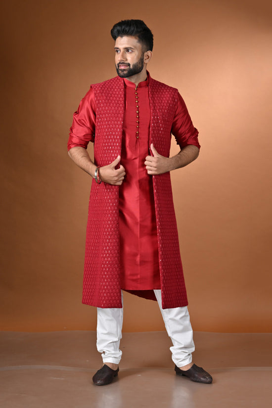 Crimson Red Kurta Set With Long Jacket