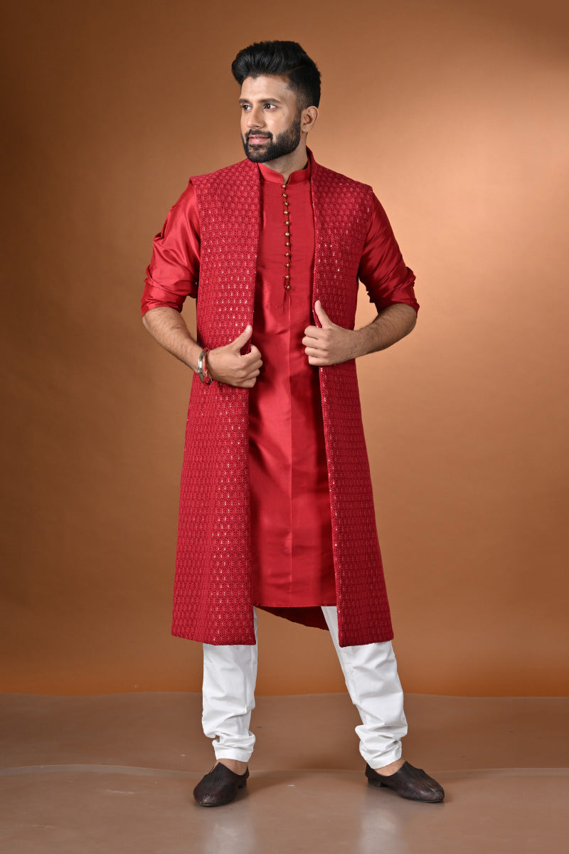 Crimson Red Kurta Set With Long Jacket