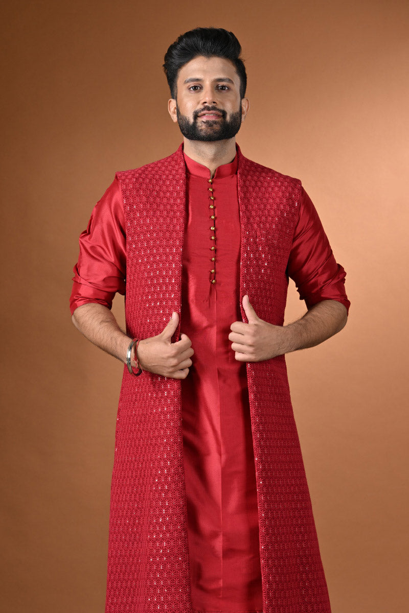 Crimson Red Kurta Set With Long Jacket