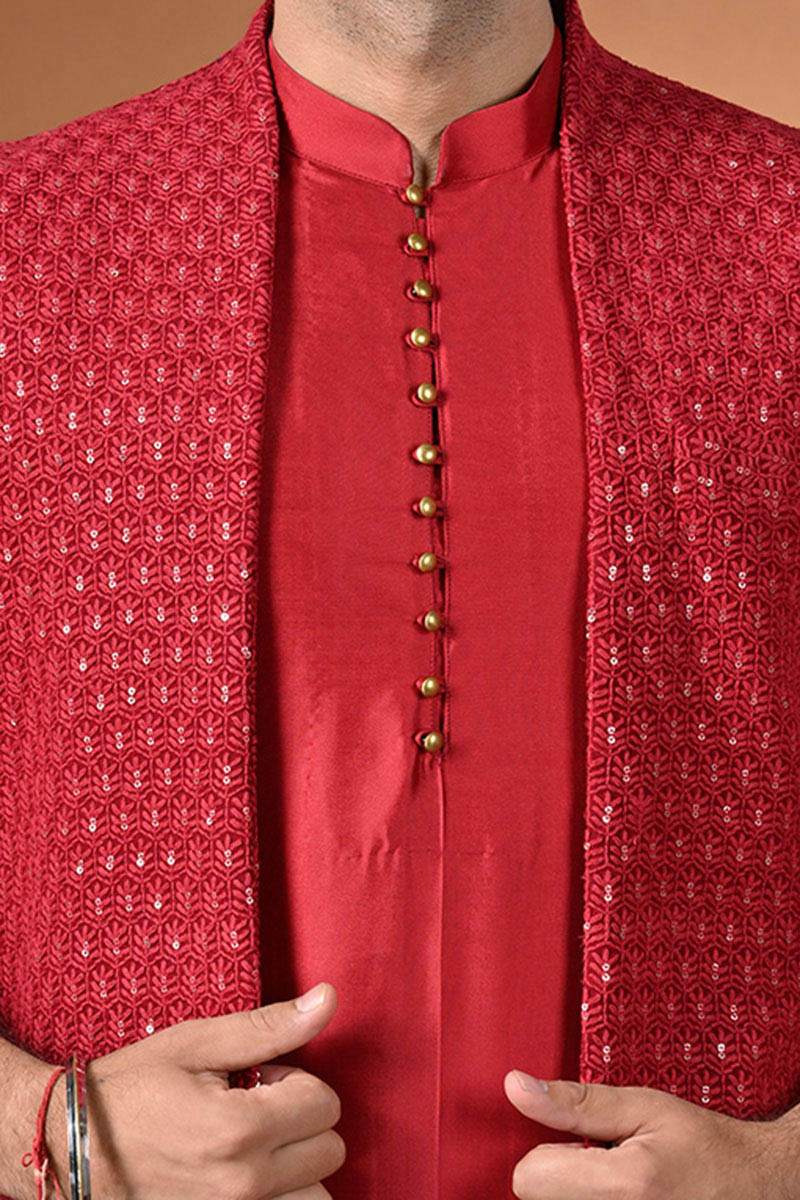 Crimson Red Kurta Set With Long Jacket