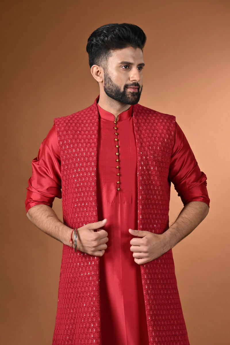 Crimson Red Kurta Set With Long Jacket