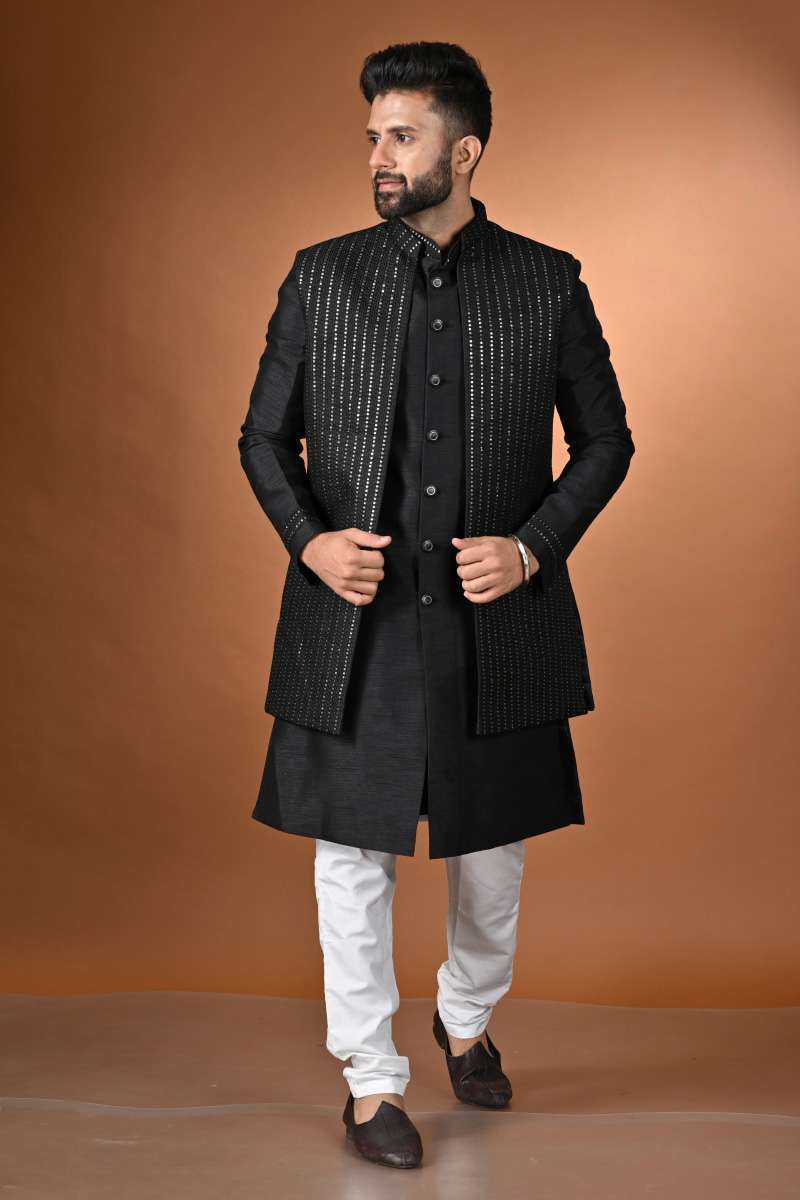 Jet Black Achkan With Jacket