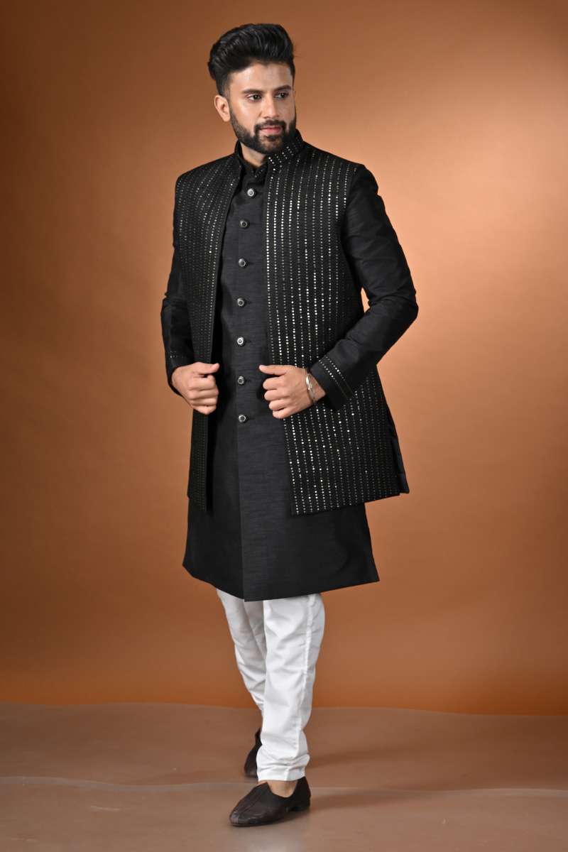 Jet Black Achkan With Jacket
