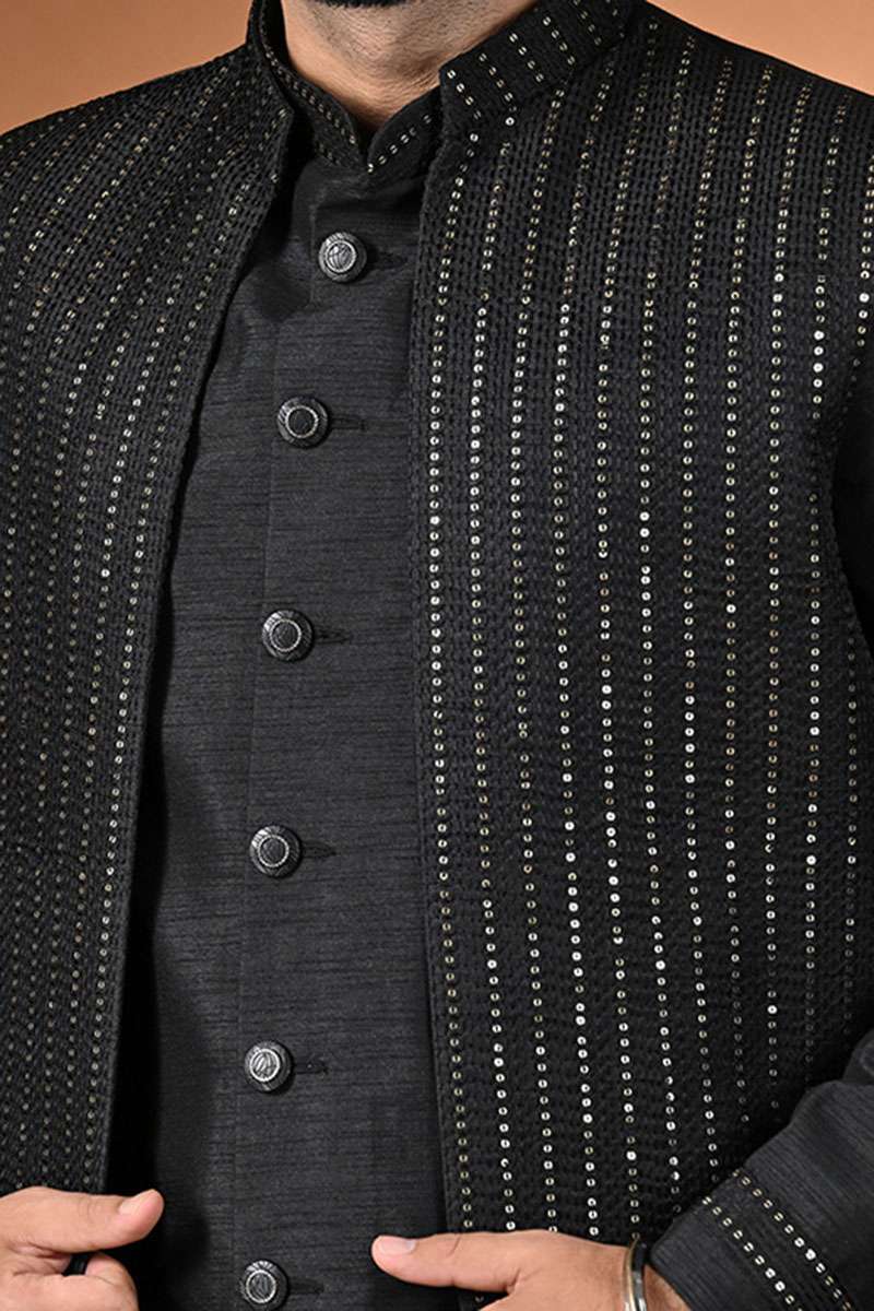 Jet Black Achkan With Jacket