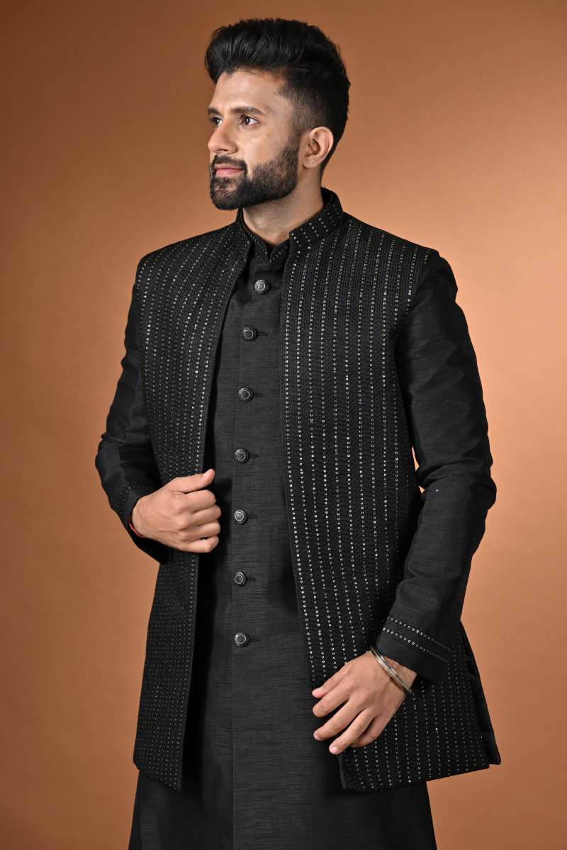 Jet Black Achkan With Jacket