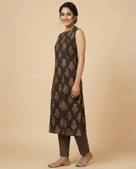 Chocolate Brown Cotton Kurti Set for Women - Daily Wear