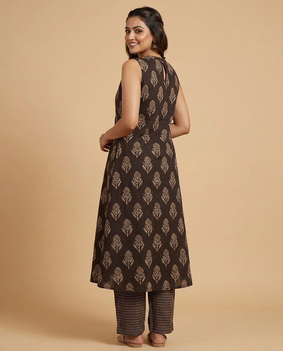 Chocolate Brown Cotton Kurti Set for Women - Daily Wear