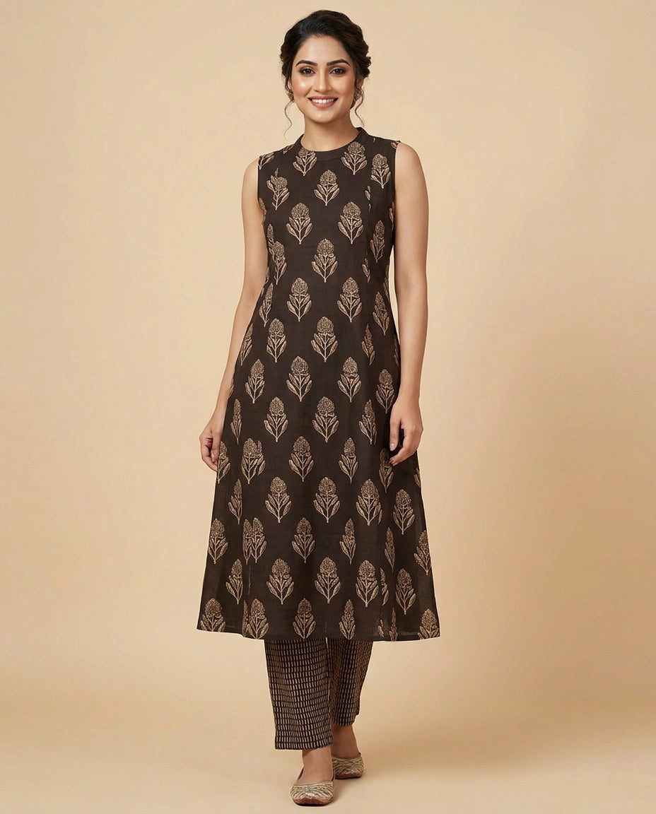 Chocolate Brown Cotton Kurti Set for Women - Daily Wear