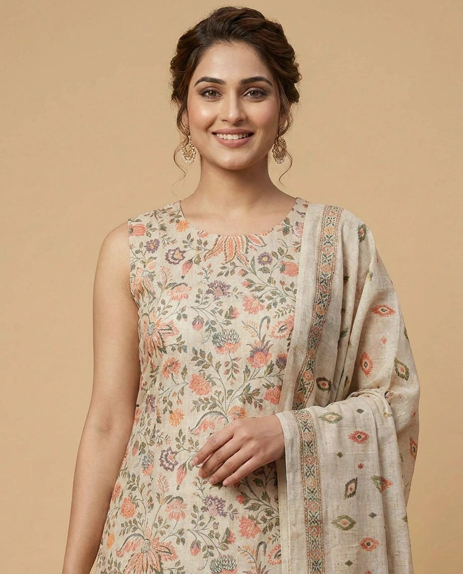 Beige Cotton A-Line Suit with Floral Print - Rangoli India