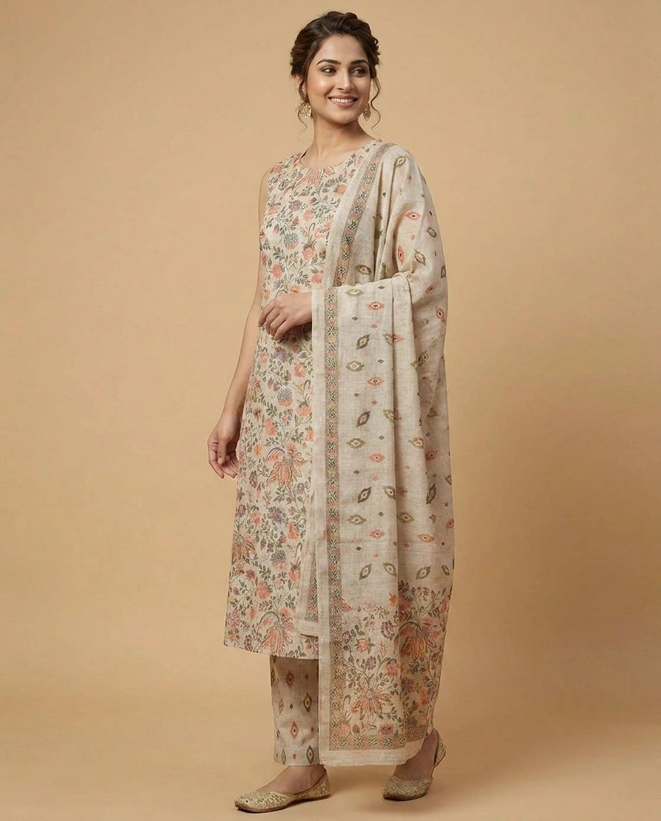 Beige Cotton A-Line Suit with Floral Print - Rangoli India