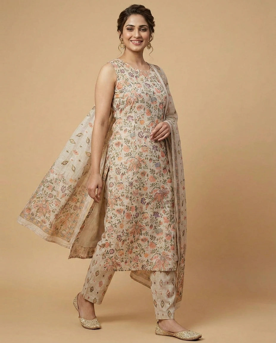 Beige Cotton A-Line Suit with Floral Print - Rangoli India