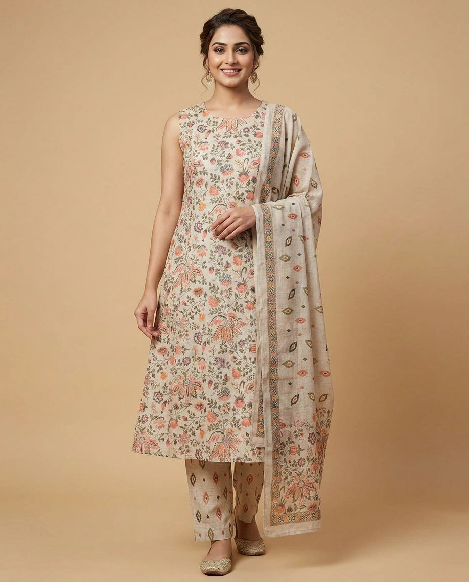 Beige Cotton A-Line Suit with Floral Print - Rangoli India