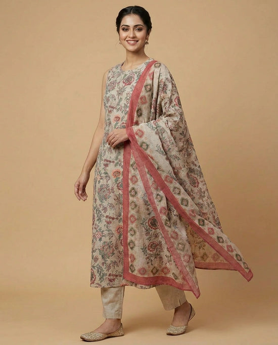 Grey Cotton A-Line Suit with Floral Print - Rangoli India