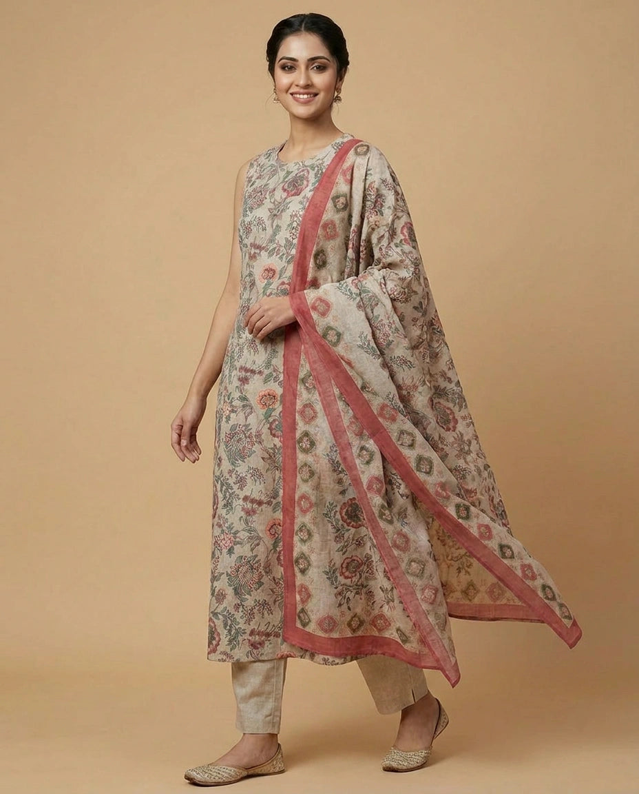 Grey Cotton A-Line Suit with Floral Print - Rangoli India