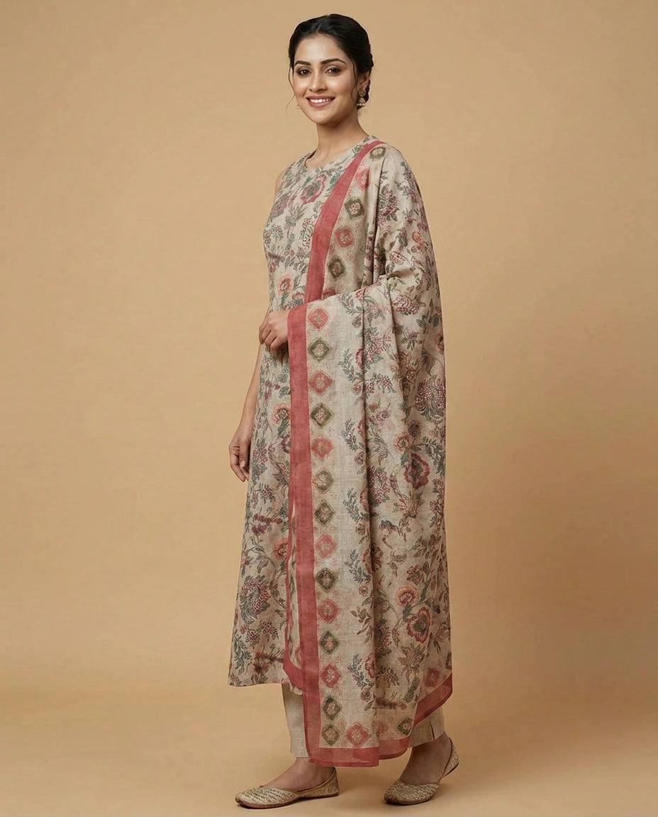 Grey Cotton A-Line Suit with Floral Print - Rangoli India