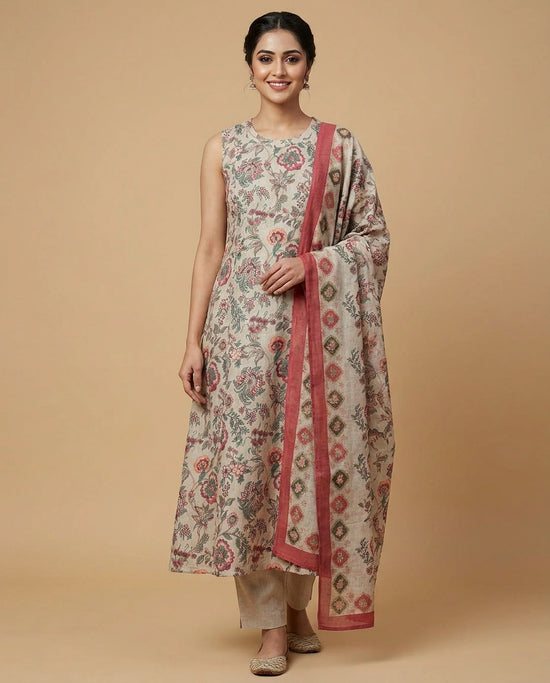 Grey Cotton A-Line Suit with Floral Print - Rangoli India