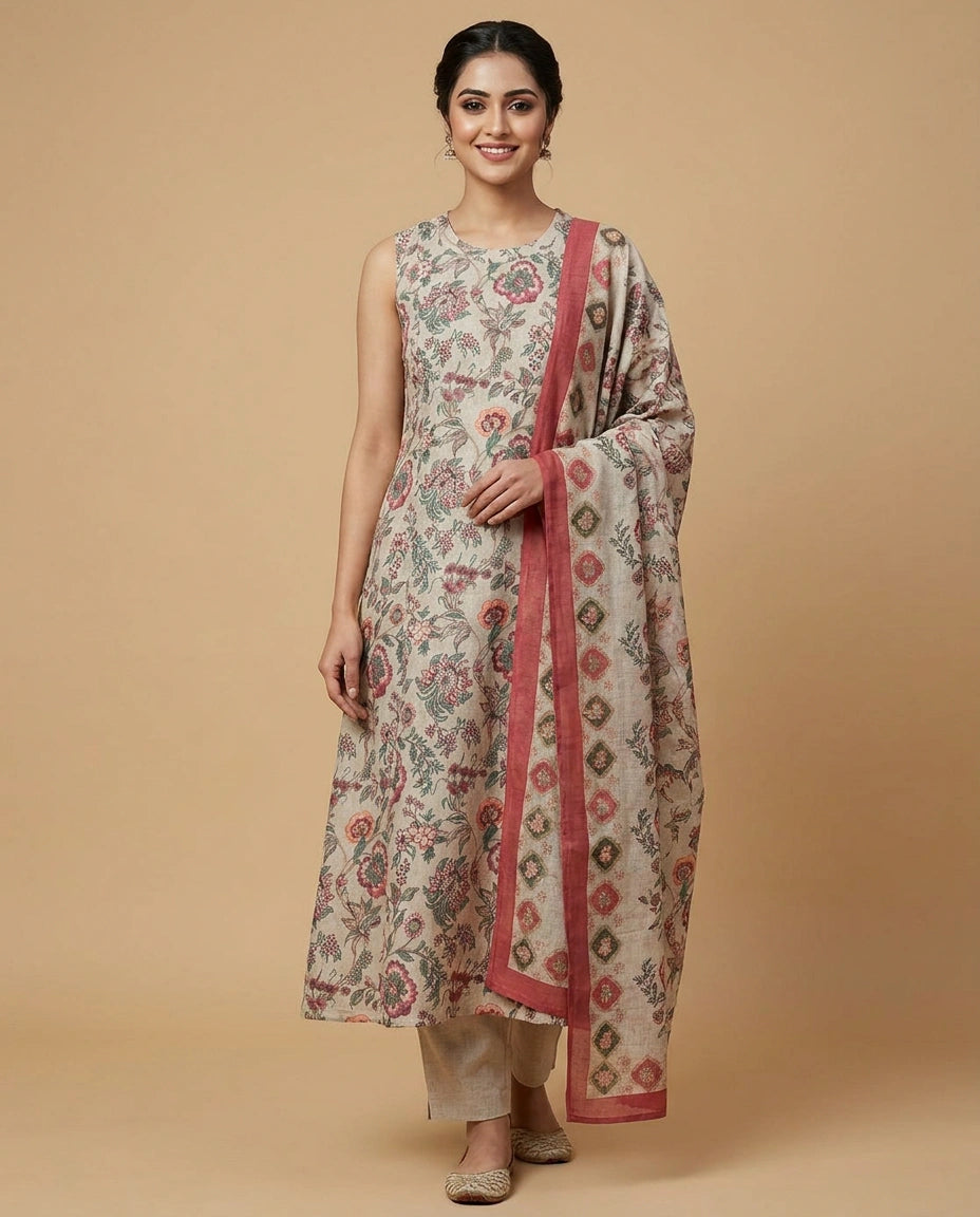 Grey Cotton A-Line Suit with Floral Print - Rangoli India