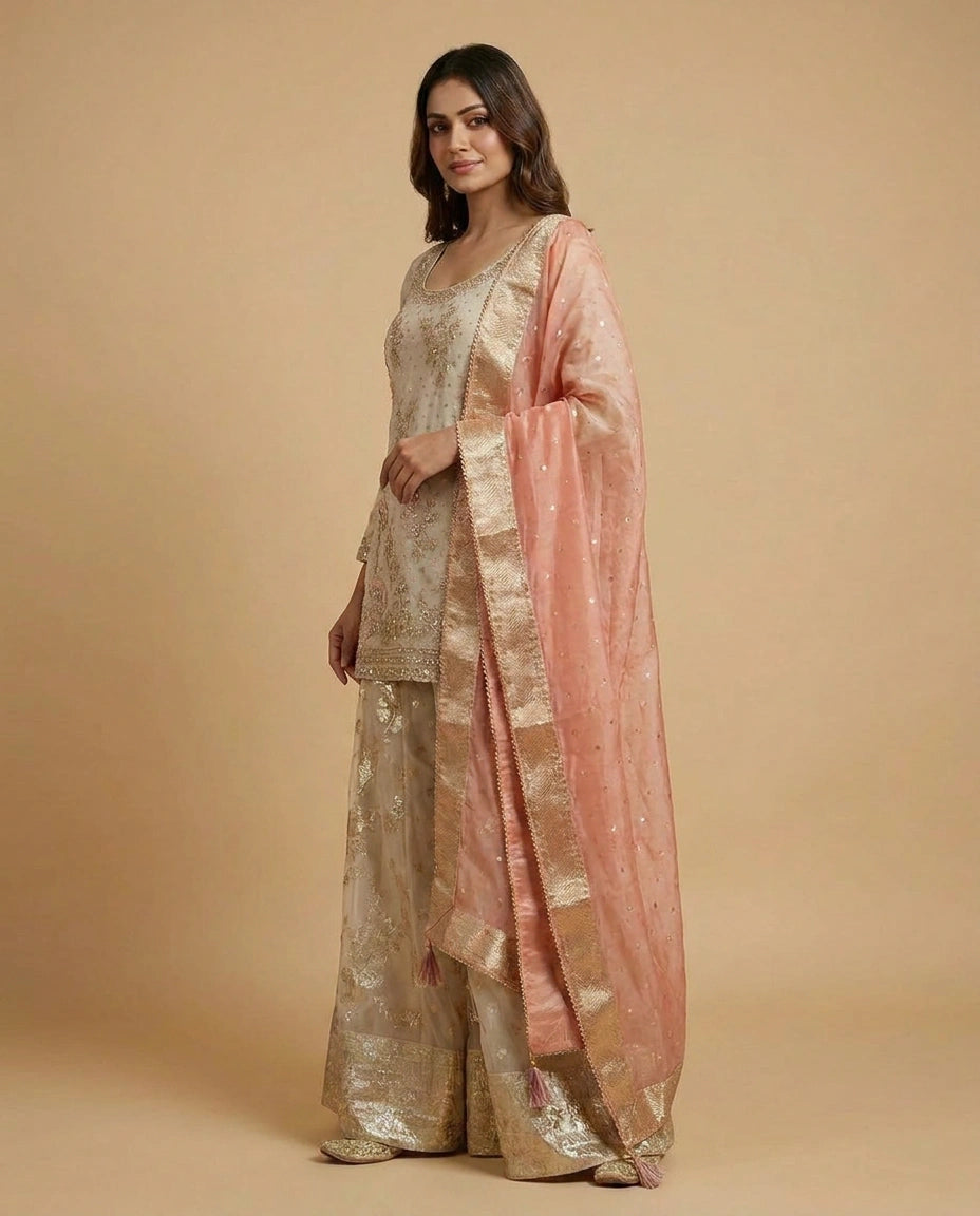 Tissue Sharara Suit with Embroidered Yoke and Dupatta for Women - Rangoli India
