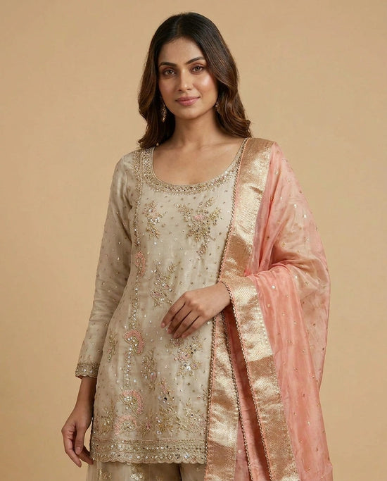 Off White Tissue Sharara Suit with Embroidered Yoke
