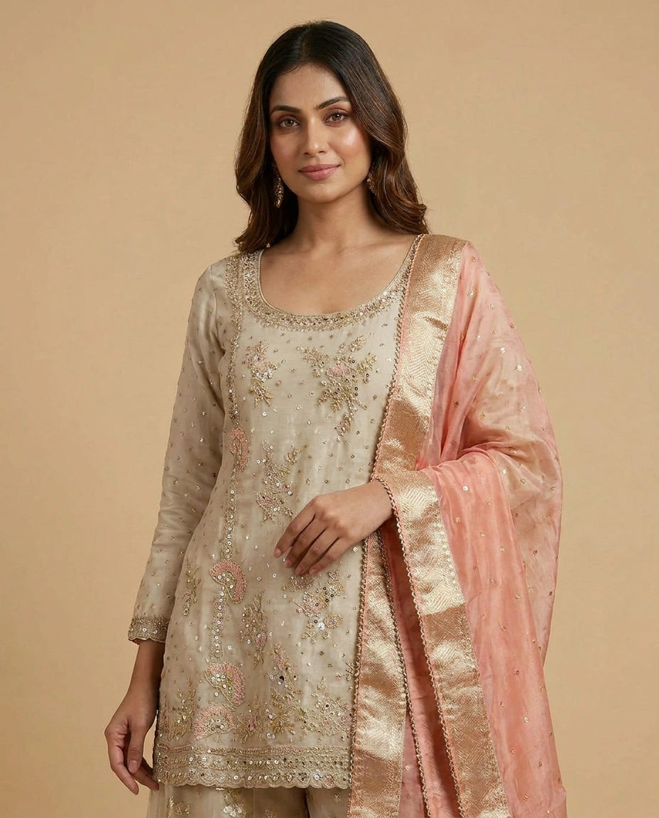 Tissue Sharara Suit with Embroidered Yoke and Dupatta for Women - Rangoli India