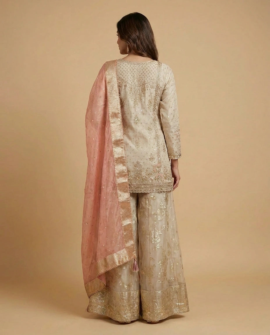 Tissue Sharara Suit with Embroidered Yoke and Dupatta for Women - Rangoli India