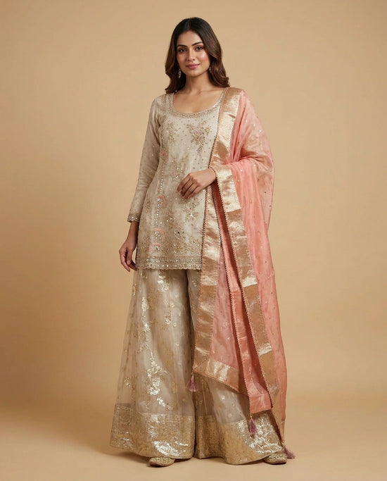 Tissue Sharara Suit with Embroidered Yoke and Dupatta for Women - Rangoli India