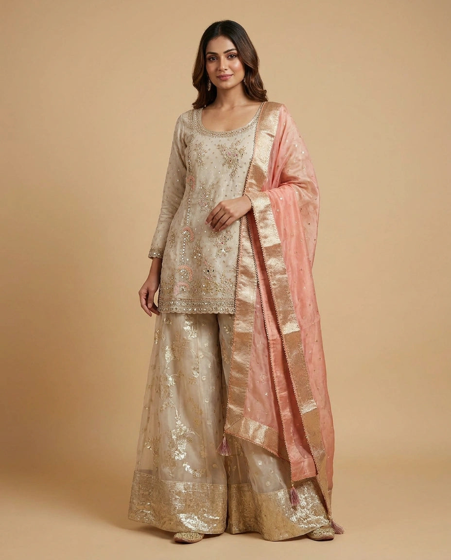 Tissue Sharara Suit with Embroidered Yoke and Dupatta for Women - Rangoli India