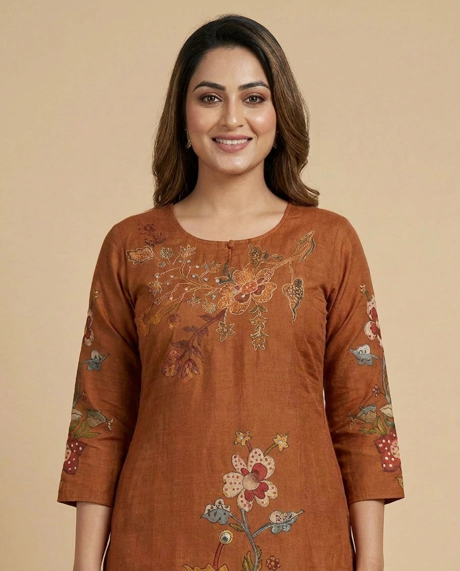 Rust Chinon Kurti Set - Rangoli India