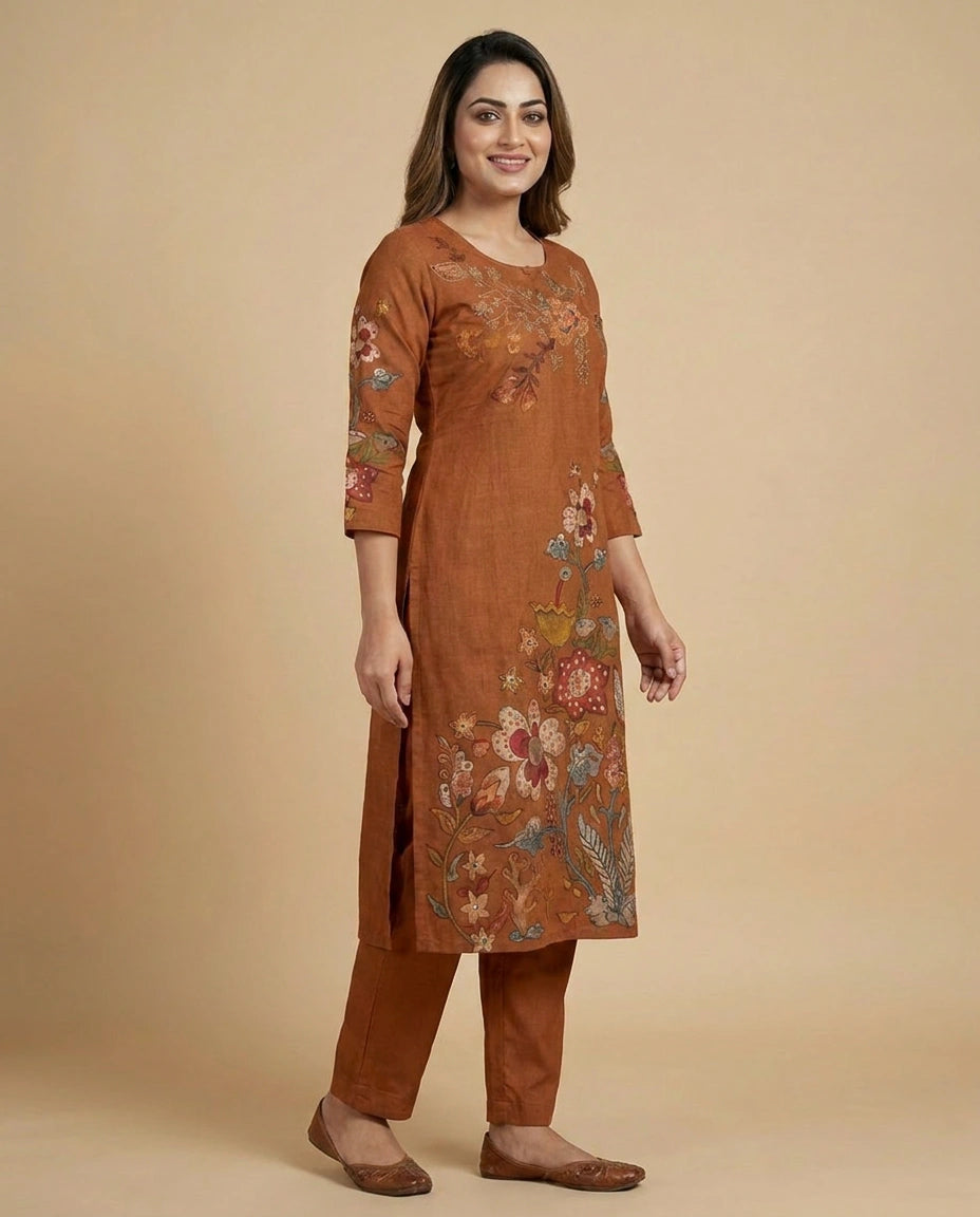 Rust Chinon Kurti Set - Rangoli India
