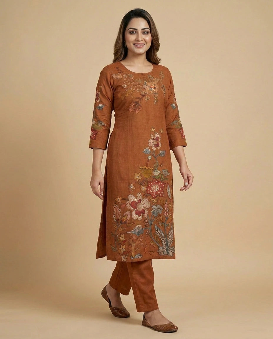 Rust Chinon Kurti Set - Rangoli India