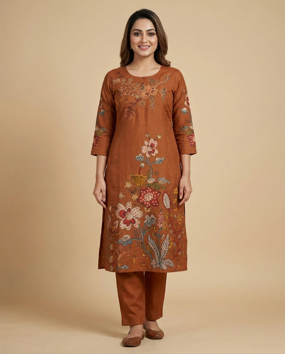 Rust Chinon Kurti Set - Rangoli India