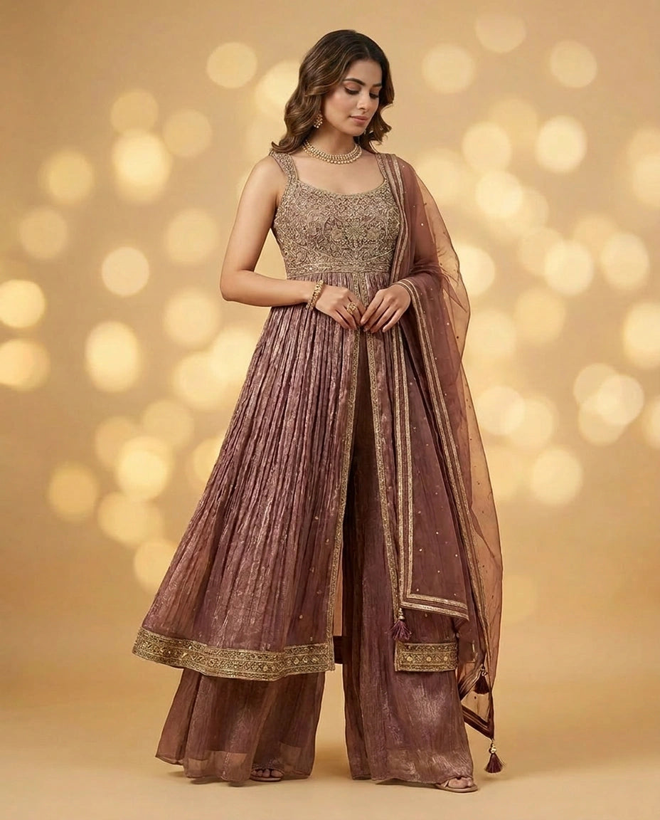 Mauve Crush Tissue Front-Slit Suit with Front Slit view 3